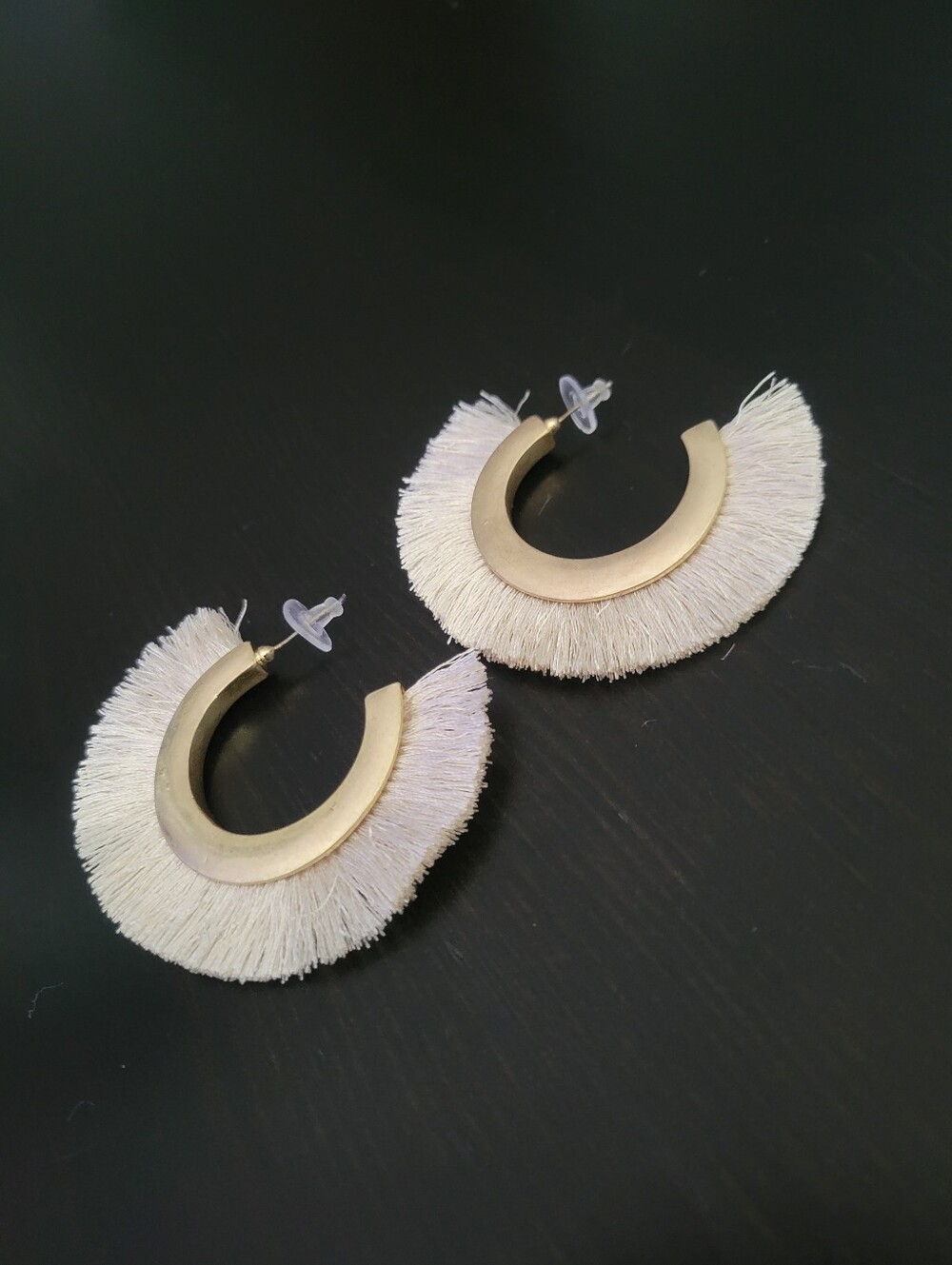 Fringe Hoop Statement Earrings in Cream/Beige